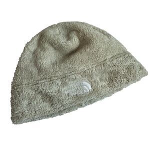 The North Face Beige Fleece One Size Beanie Hat For Child White embroidered logo